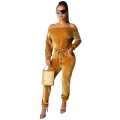 Hot Sell Autumn Fall 2021 Apparel Two Piece Set Women Clothing Velvet Neck Long Sleeve off Shoulder Two Piece Set